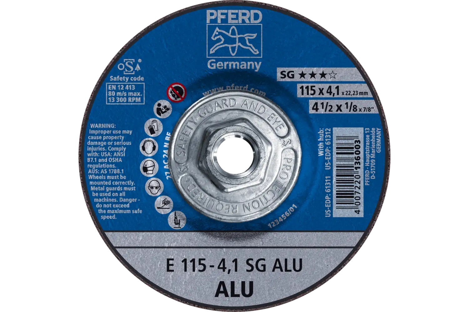 Picture of Pferd Grinding Wheel, 4-1/2"X 1/8 X 5/8-11, Sg Alu, T27, Aluminum Oxide, Silicon Carbide